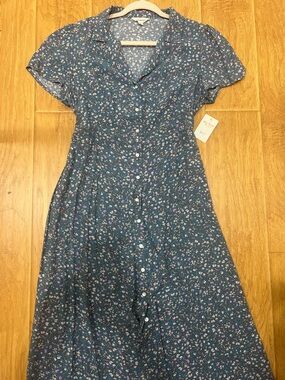 Lucky Brand Blue Floral Button-Front Dress with Pink and Cream Accents